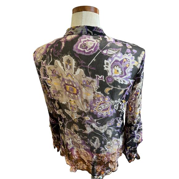 Sheer Silk Chiffon Long Sleeve Pintuck Top Purple Boho Print L - Picture 4 of 8